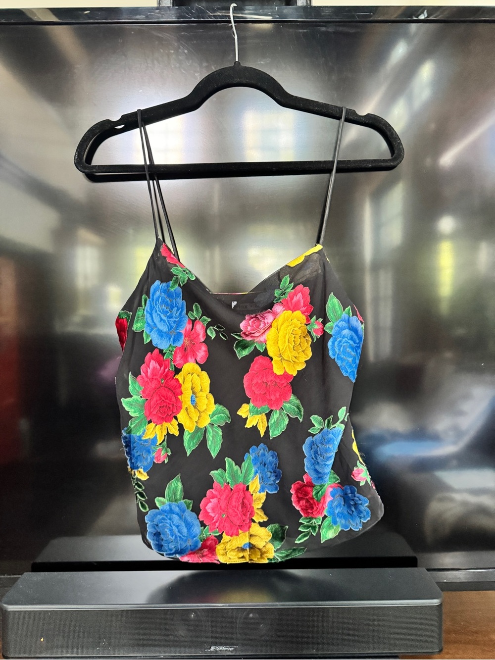 Alice + Olivia Black Satin Floral Cami with Bright Multicolor Blooms